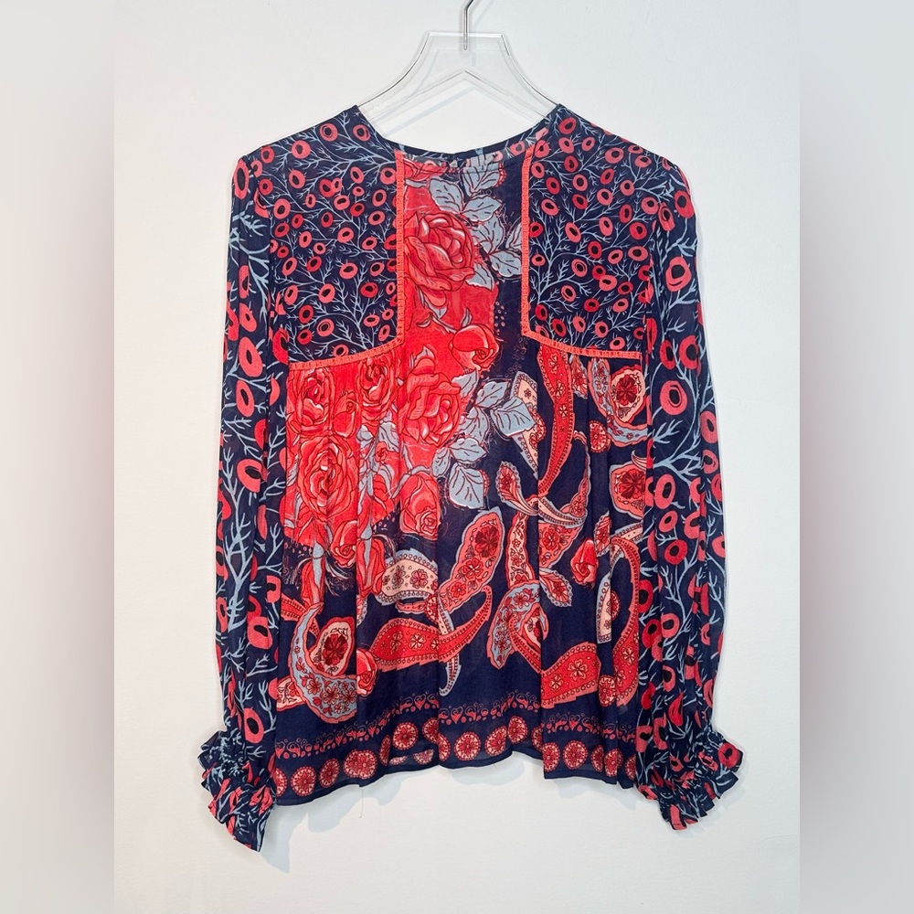 Anthro BLNK Miranda Peasant Red Blue Print Blouse Shirt Top - Picture 3 of 15